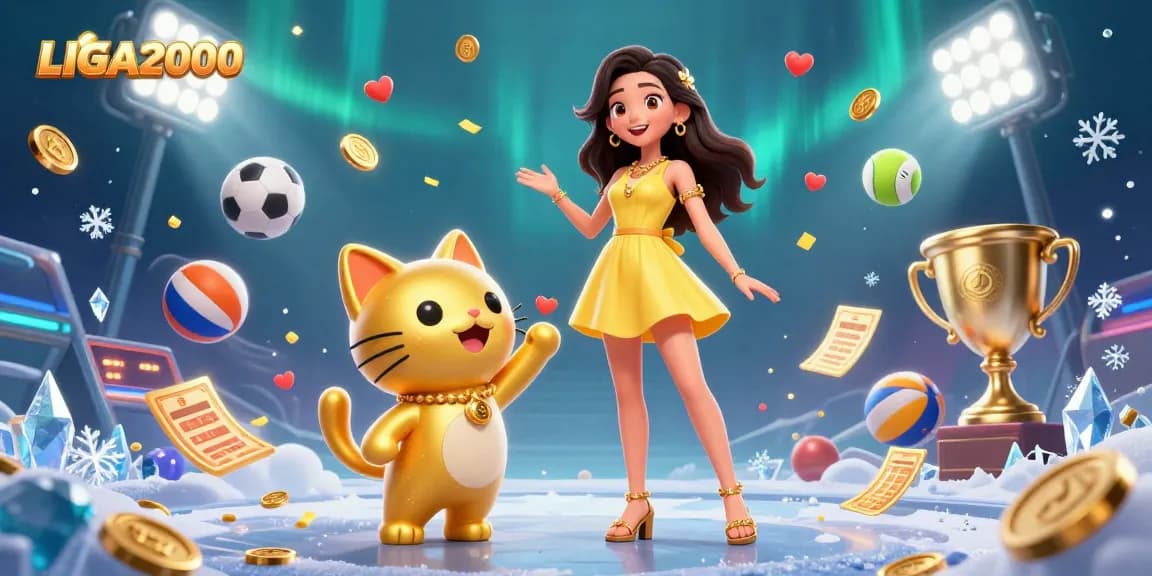 Terlibat dengan LIGA2000 untuk pengalaman perjudian yang mendebarkan, menampilkan seorang wanita ceria dan kucing keberuntungan.