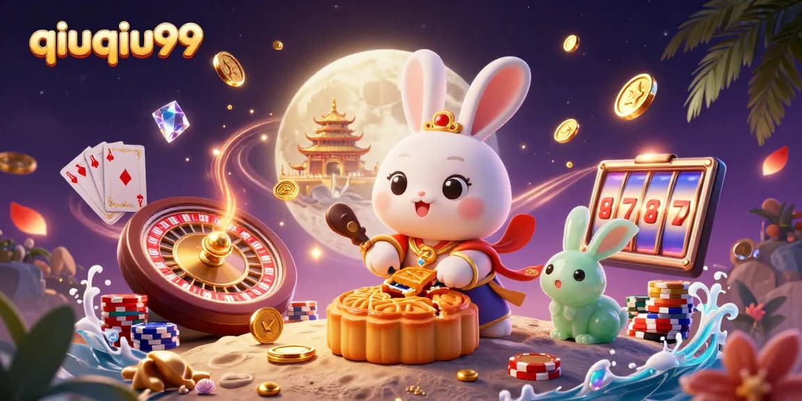 Engage with qiuqiu99's lively atmosphere featuring a cartoon moon rabbit amidst dazzling casino elements.