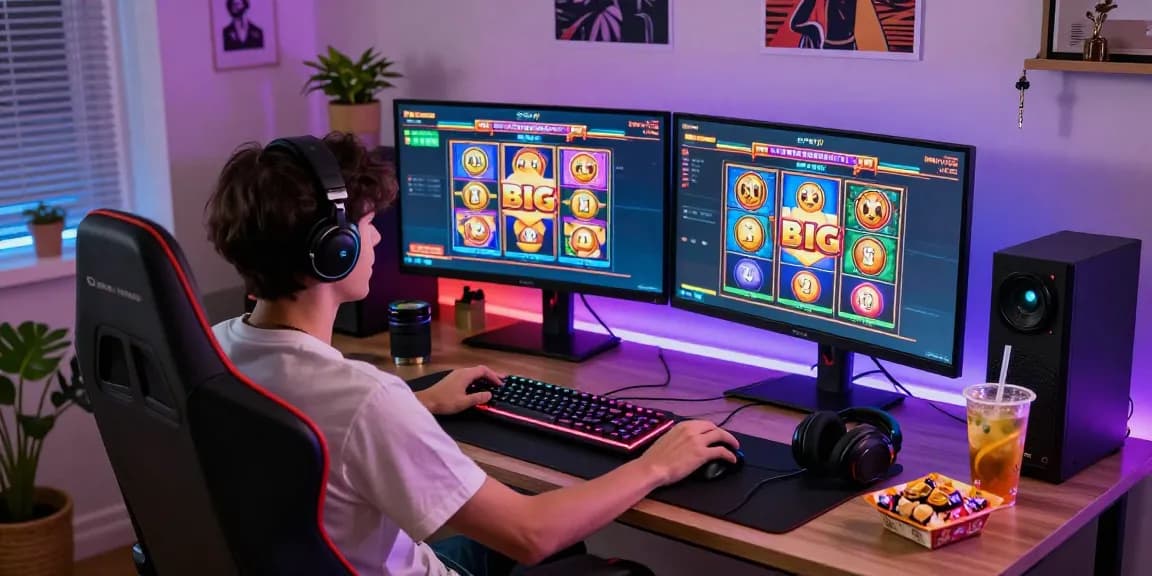 Pengguna bermain slot online di ruang permainan modern, menunjukkan suasana menyenangkan.