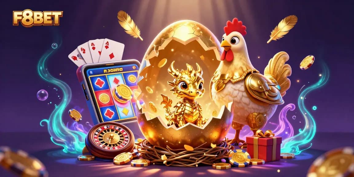 F8BET’s vibrant 3D casino illustration featuring a golden dragon and poker chips amidst a glowing backdrop.
