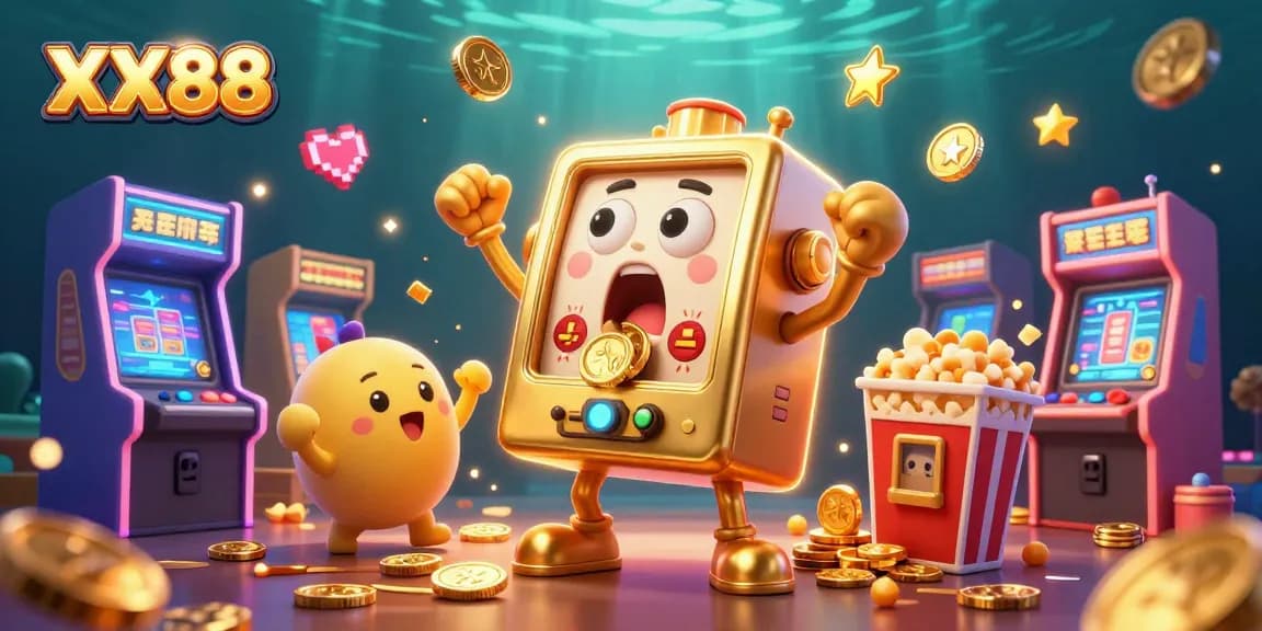 Win big with XX88 as a cheerful golden slot machine celebrates its jackpot amidst coins and gaming elements.