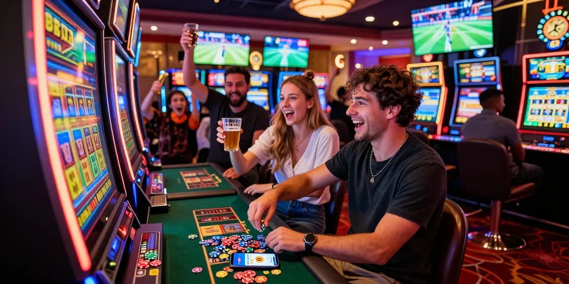 Experience the thrill of สมัครfun88 at a lively casino scene with friends cheering on slot machines and sports.