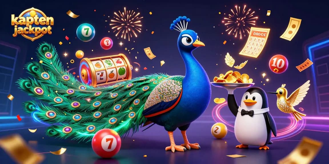 Kaptenjackpot brings vibrant casino action with a cartoon peacock and golden chips in a dynamic scene.