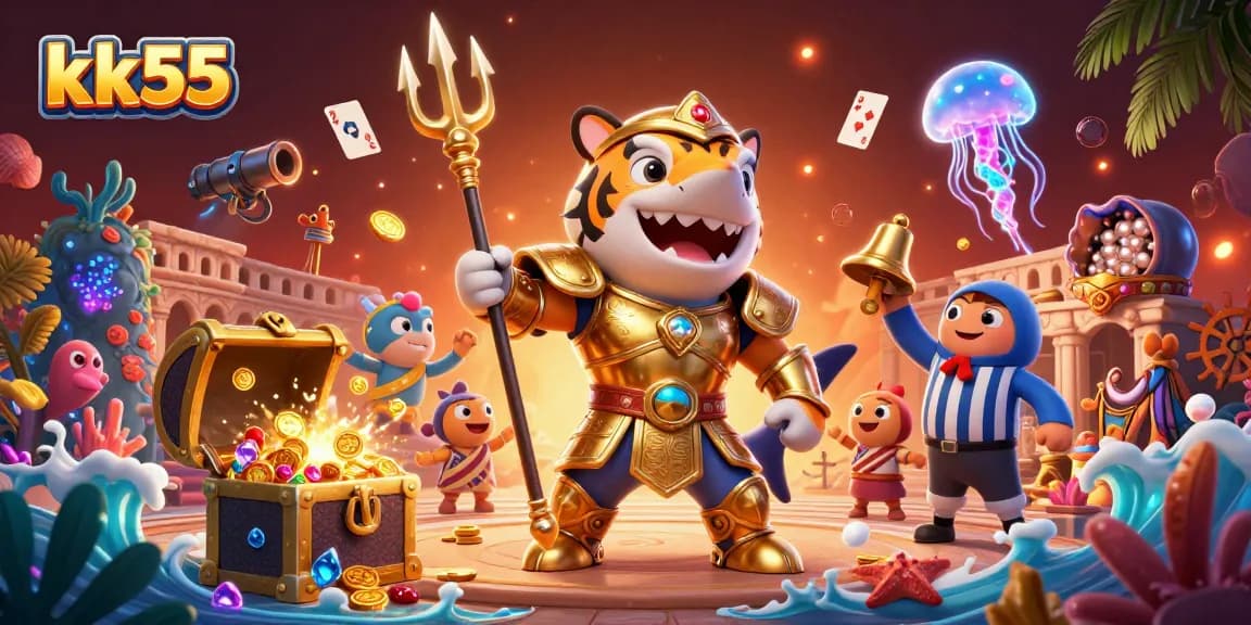 Engage with kk55's thrilling underwater gaming adventure featuring a golden shark gladiator.
