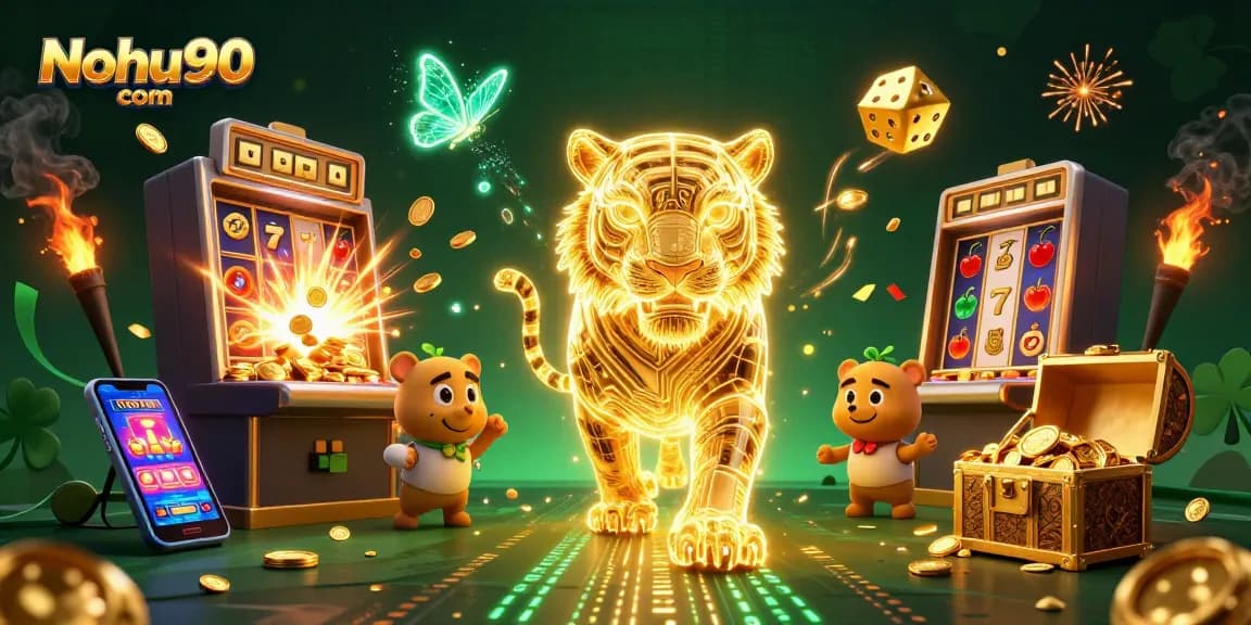 Experience excitement at Nohu90 com with a vibrant 3D casino scene filled with dazzling slot machines and golden elements.