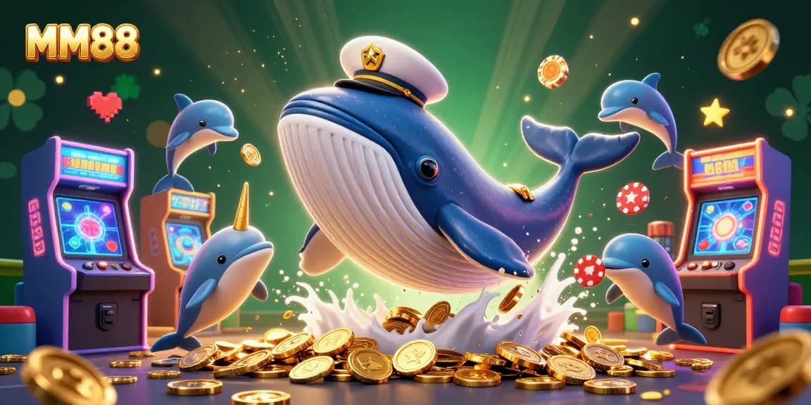 MM88 attracts players with a vibrant casino scene featuring a 3D whale, narwhal, and playful dolphins.