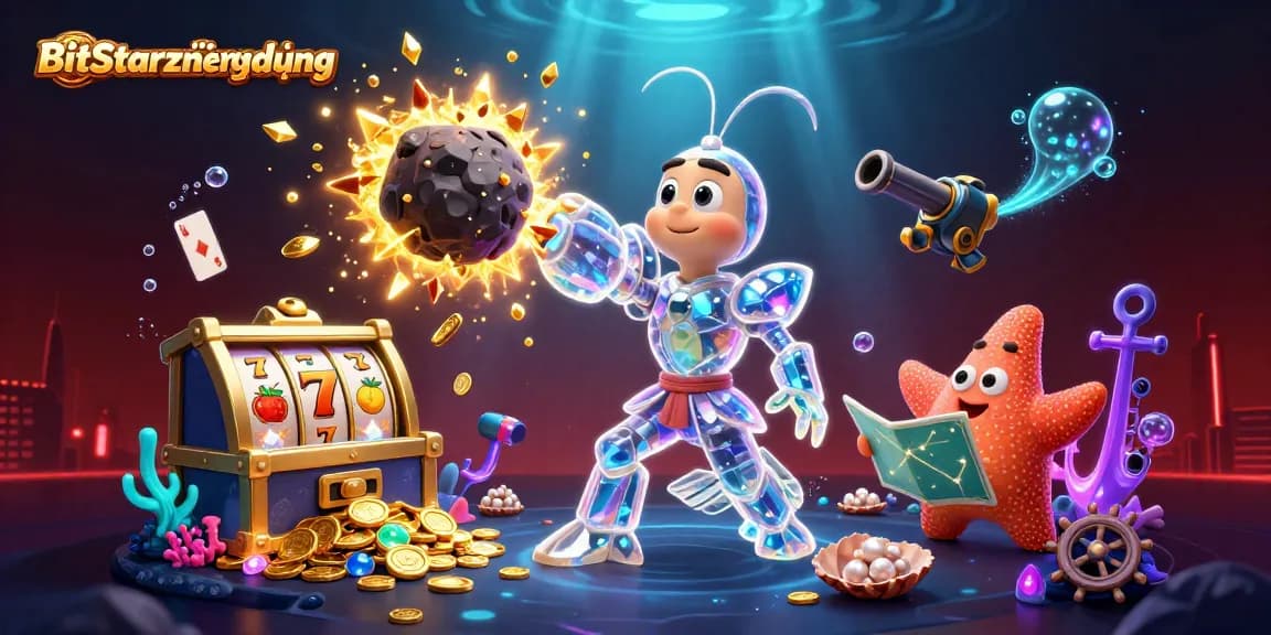 Engage in thrilling gameplay with BitStarzứngdụng featuring a vibrant underwater scene of slots and treasures.