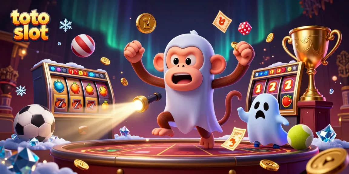 Experience the thrill of toto slot with vibrant 3D casino elements showcasing a playful poltergeist monkey.