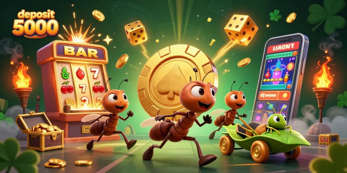 Experience excitement with deposit 5000 as ants heist a massive golden poker chip amidst a vibrant casino scene.