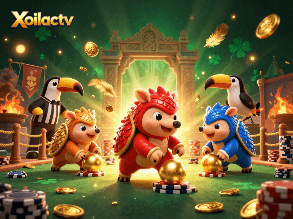 Xoilactv showcases rival pangolins competing in a lively casino atmosphere with poker chips and gold.