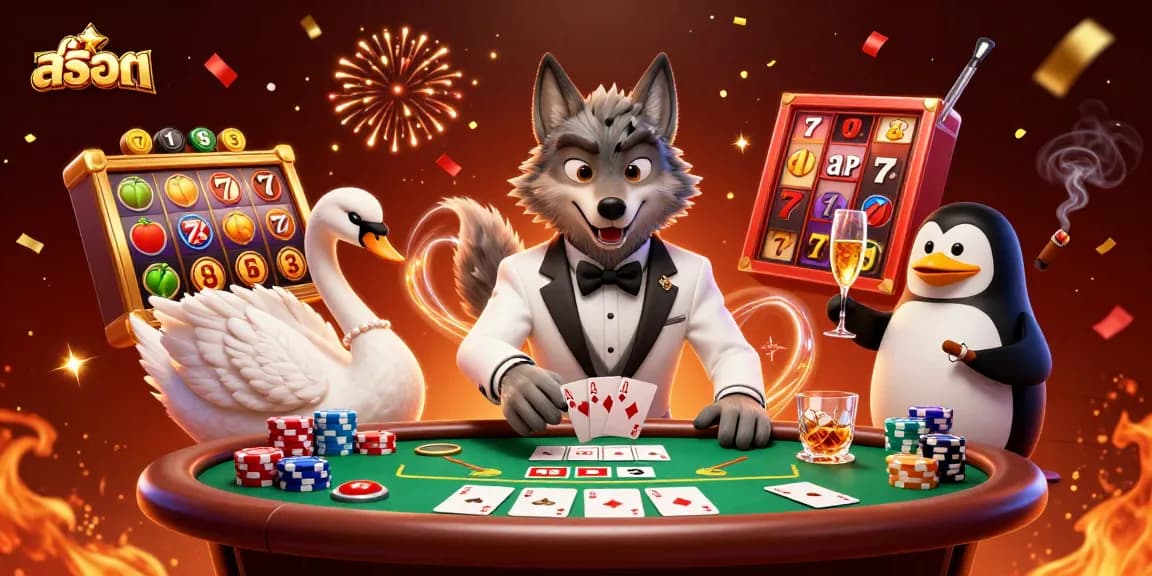 Engage in thrilling สล็อต action with a charismatic wolf, elegant swan dealer, and penguin sommelier amidst festive casino elements.