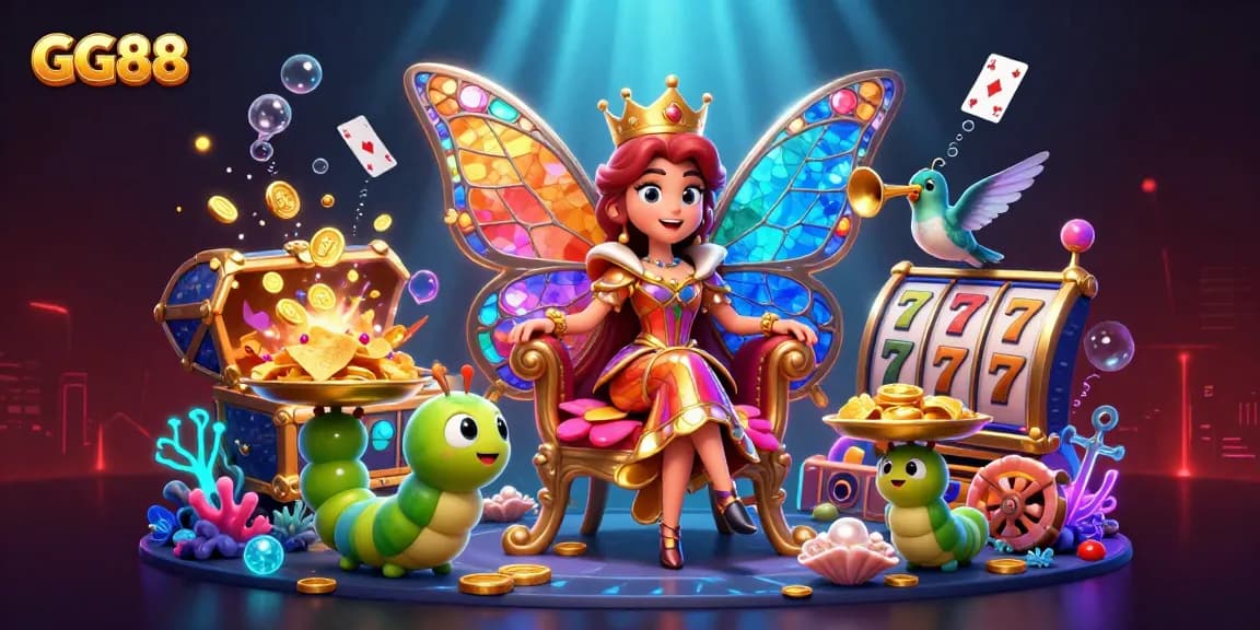 Engage with GG88 gameplay in an ultra-detailed 3D scene featuring vibrant characters and dynamic casino elements.