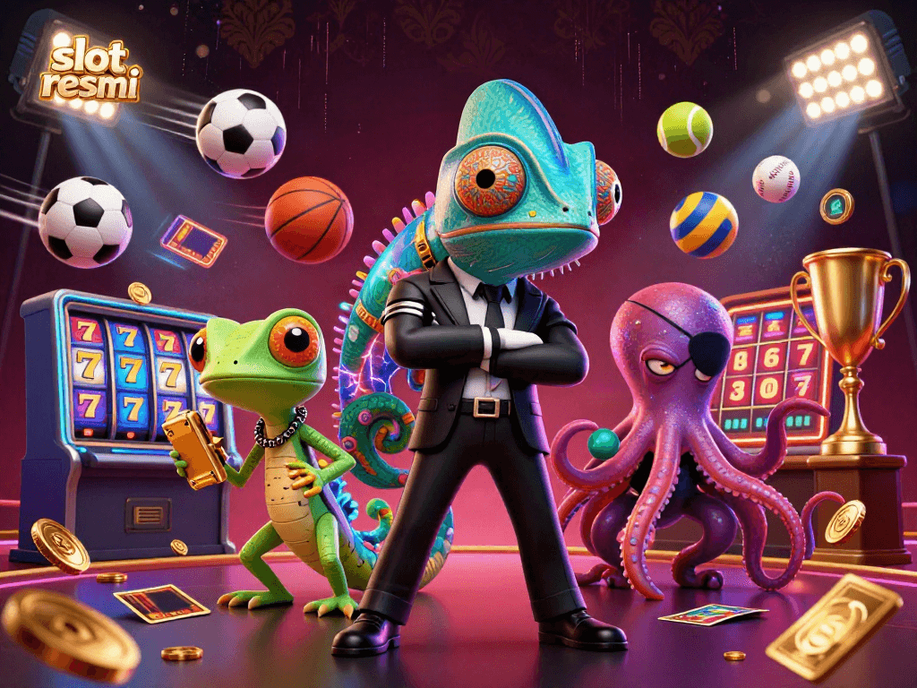 Engaging casino scene showcasing slot resmi with a vibrant agent chameleon, gadget gecko, and octopus amidst flying sports elements.