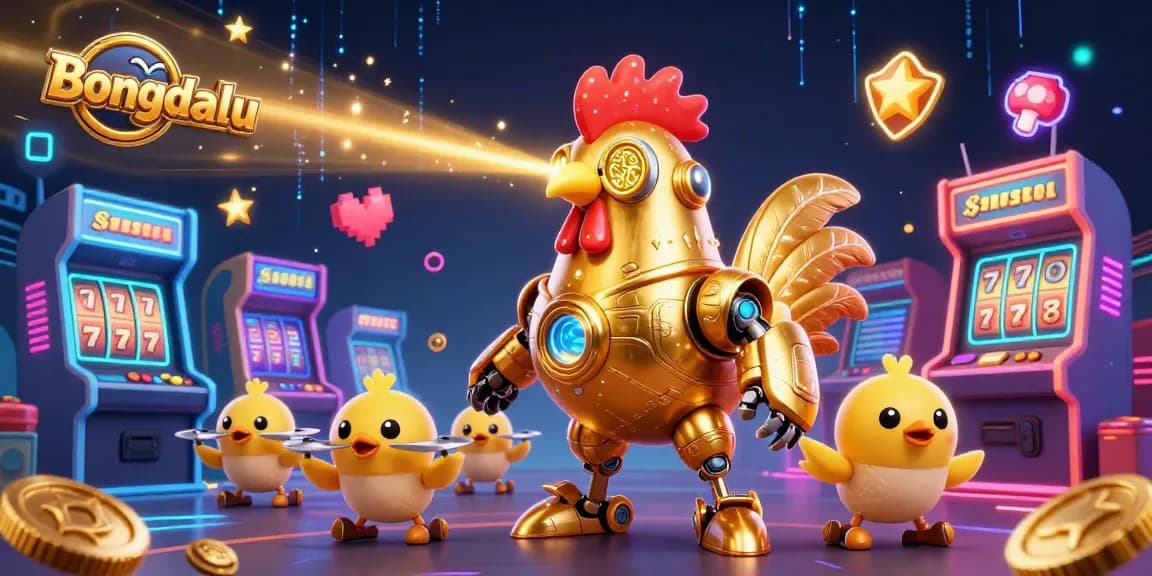 Bongdalu showcases a vibrant 3D casino scene with a golden rooster robot and arcade elements.