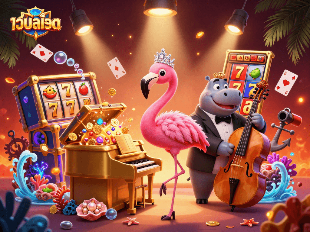 Experience เว็บสล็อต excitement with vibrant slot games and characters in a dynamic casino setting.