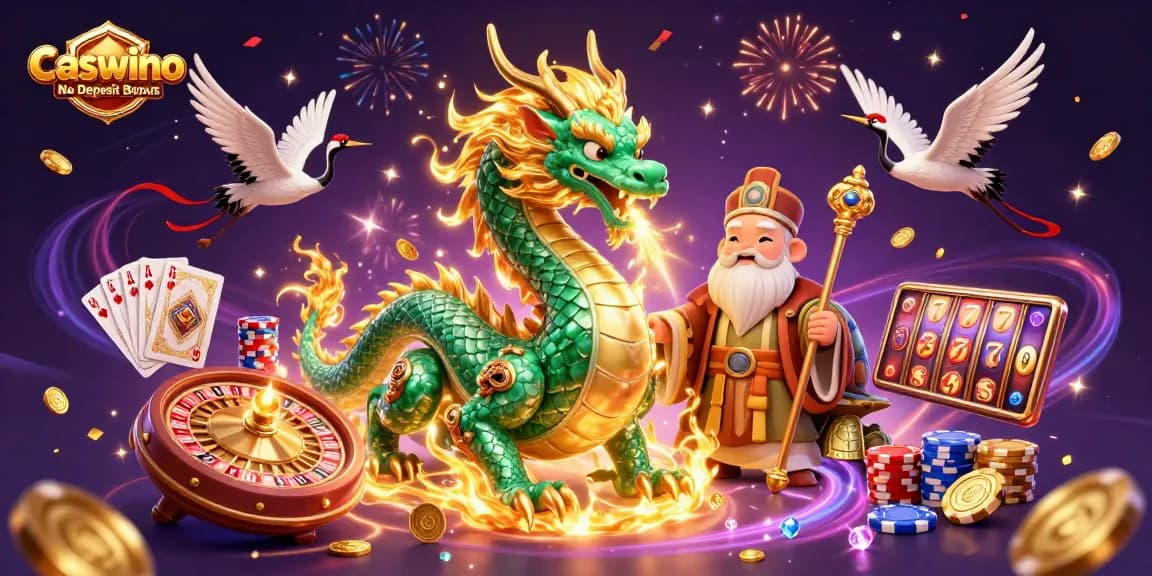 Play and win with Caswino No Deposit Bonus featuring vibrant characters and dynamic casino elements
