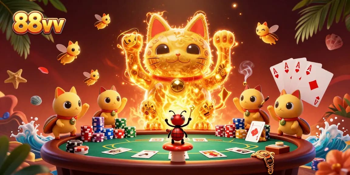Experience the excitement of 88vv with a lucky cat and poker elements in a dynamic casino scene.