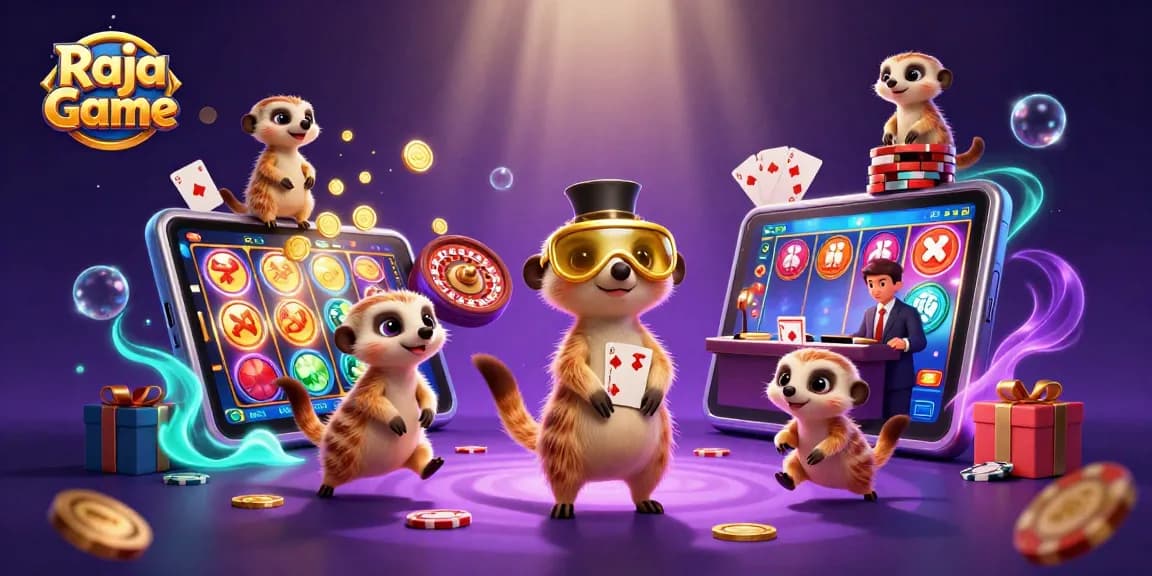 Engage in thrilling gameplay at Raja Game with a vibrant casino scene featuring playful meerkats.