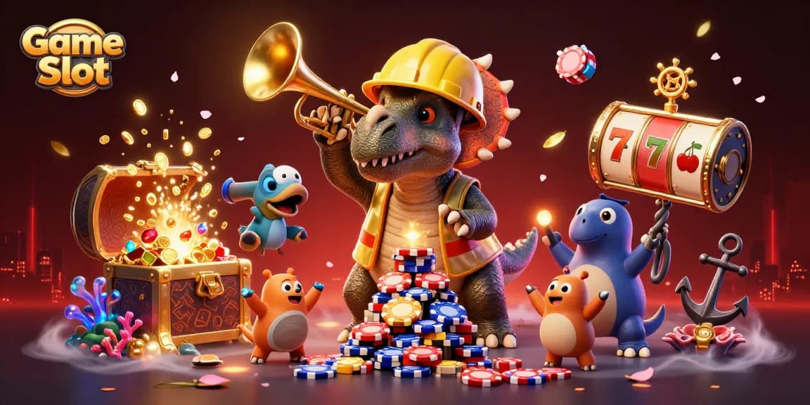 Engage in thrilling Game Slot adventures with a lively casino scene featuring colorful characters.