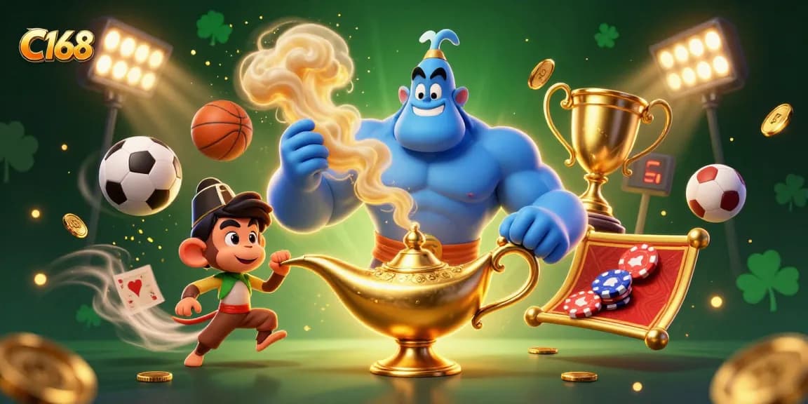 Join the excitement at C168 with dynamic sports elements and charismatic characters in a vibrant casino scene.