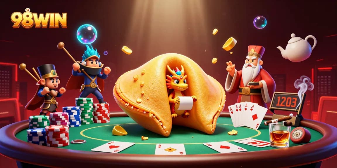 Experience the thrilling 98WIN casino world with interactive poker elements in a vibrant scene.