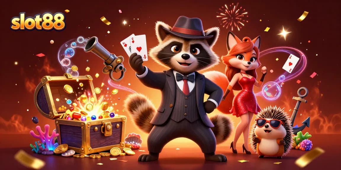 Slot88 memukau dengan rakun dan rubah di kasino, meriah dengan emas dan keajaiban.