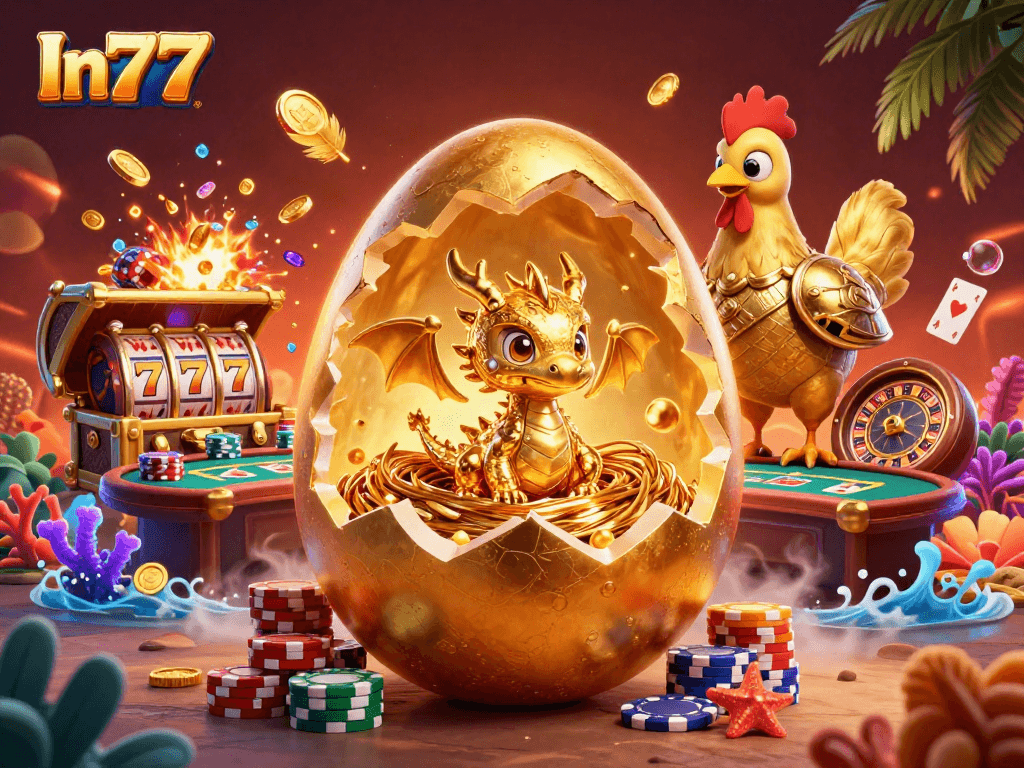 Engage with In777's vibrant golden dragon and poker chips amidst chaotic casino energy.