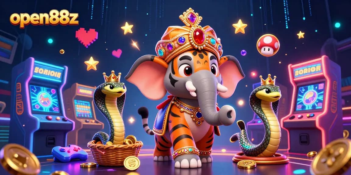 Experience big wins with open88z's vibrant 3D casino-themed illustration showcasing dynamic game elements and lively characters.