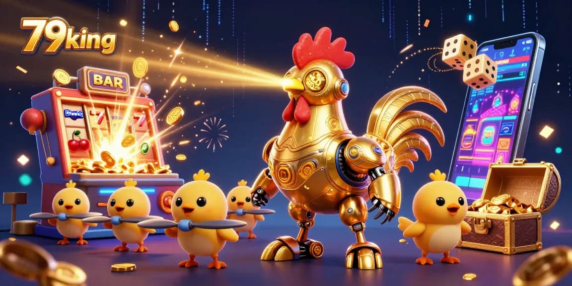 Win big with 79king's vibrant slot machines and exciting games in this dynamic casino illustration.