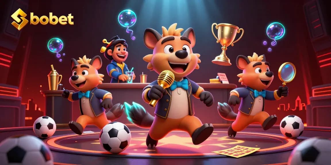 Experience thrilling sports betting with sbobet in this dynamic 3D cartoon casino scene featuring engaging hyena characters.