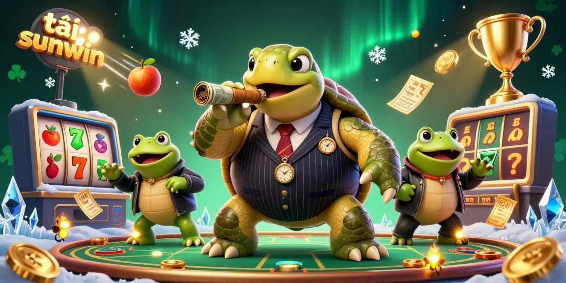 Playing exciting slot games at tải sunwin with a dynamic, vibrant casino scene featuring a turtle and bullfrog enforcers.