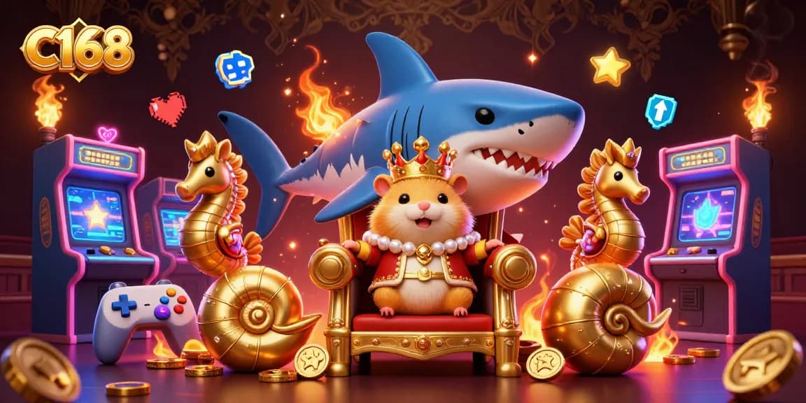 Engage with exciting games at C168 as a fierce hamster king rules a lively casino scene.