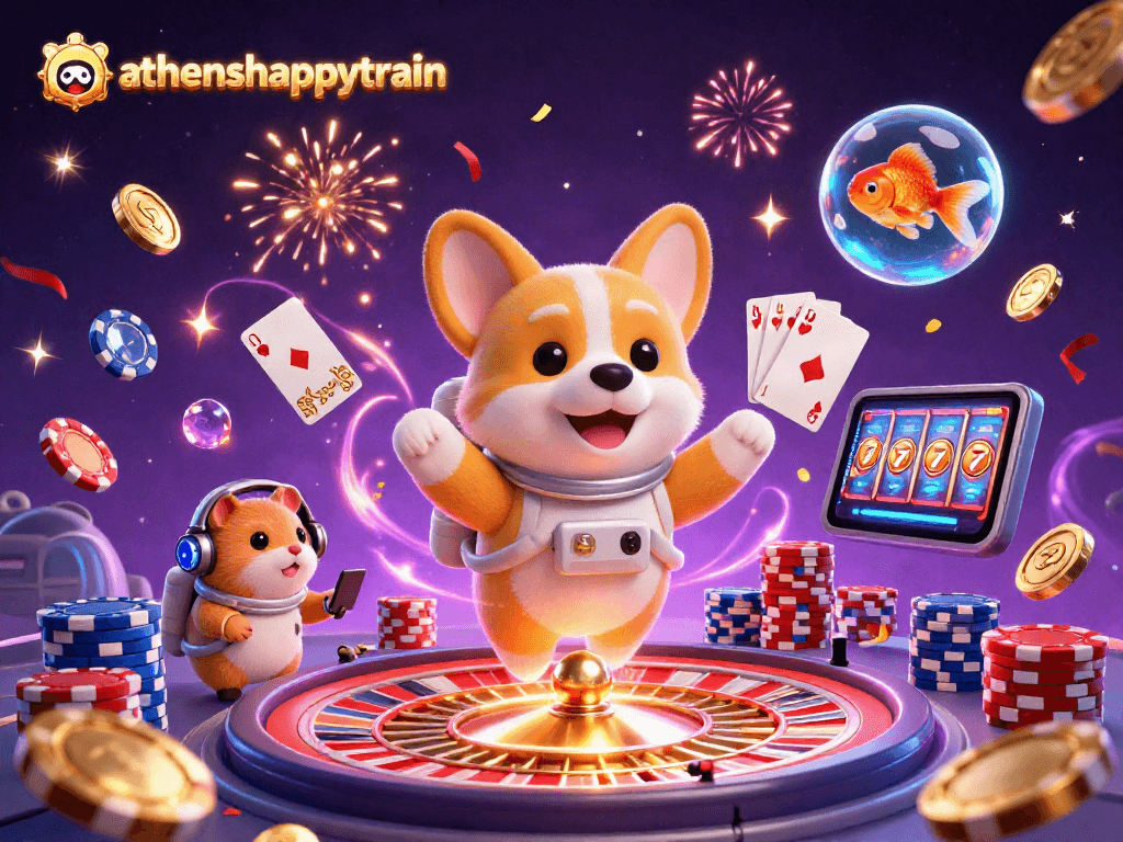 Athenshappytrain: Experience the excitement of a virtual casino with vibrant characters and dynamic gaming elements.