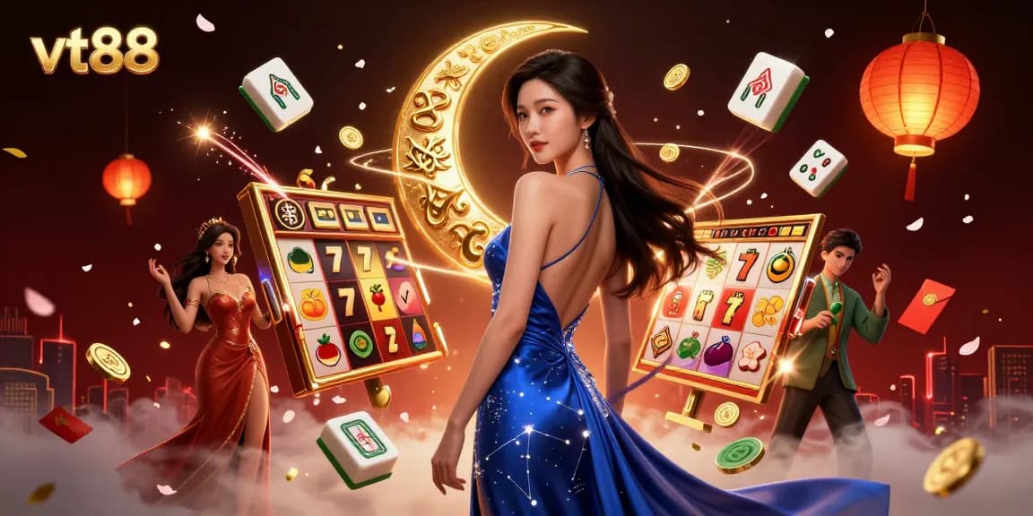 Play exciting slots and jackpot games with vt88, featuring vibrant reels and lucky symbols in a rich casino scene.