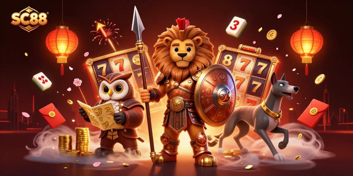 Join the SC88 slots adventure with a Spartan lion, tactical owl, and greyhound amidst vibrant casino elements.