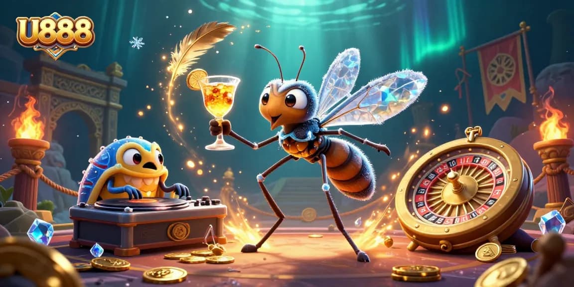 U888 showcases an engaging 3D casino mascot alongside a trilobite DJ at a high-energy gaming event.