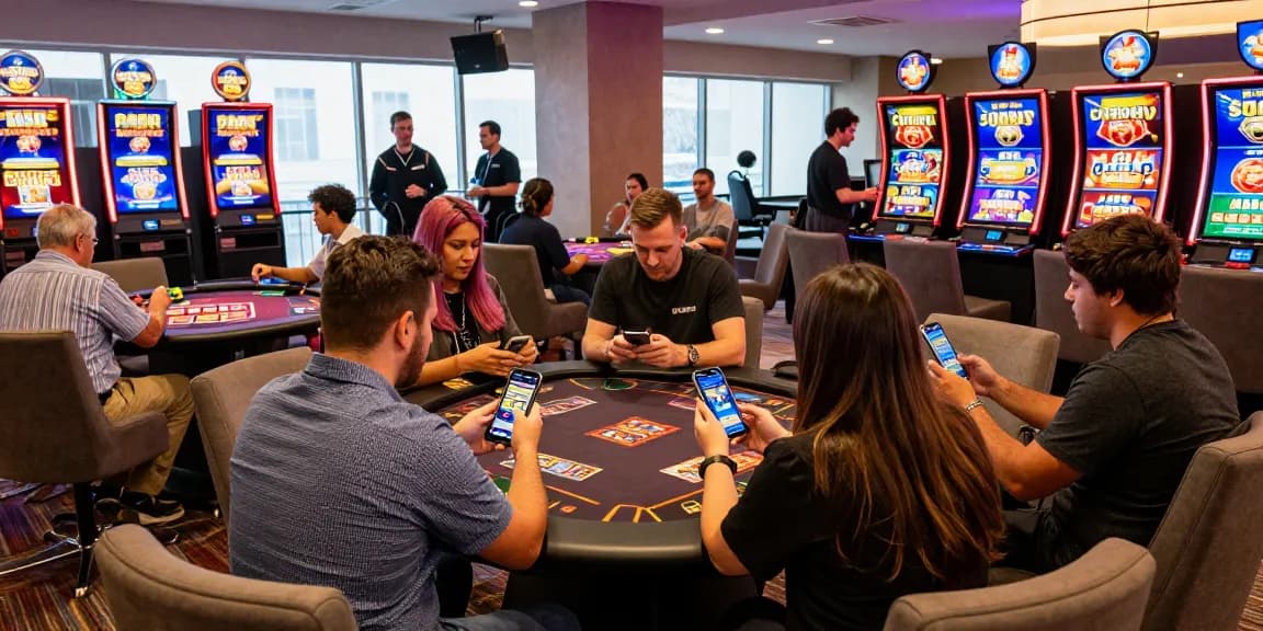 Dynamic scene of players enjoying the casino app experience on their smartphones in a lively gaming lounge.