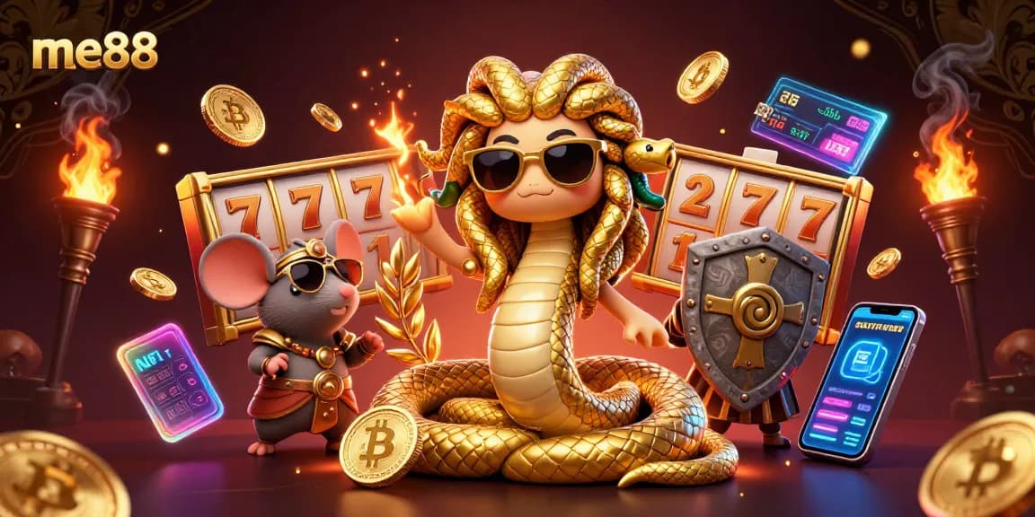 Win big with me88 at the casino with vibrant Medusa and warrior mouse surrounded by crypto elements.