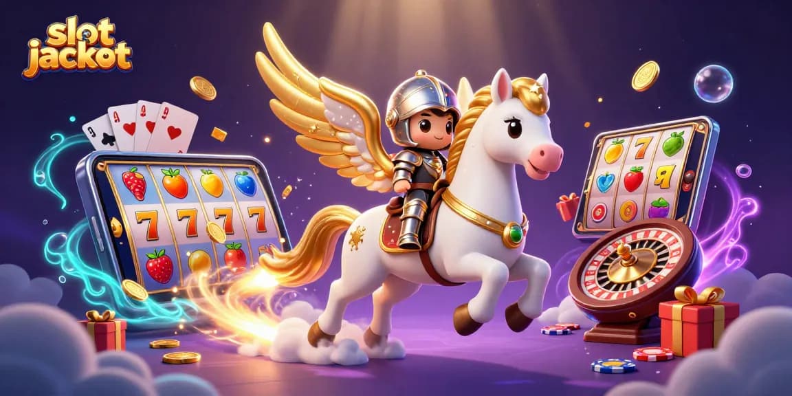 Visualisasi slot jackpot yang seru dengan kuda putih bertenaga, jackpot dan elemen permainan kasino yang menarik.