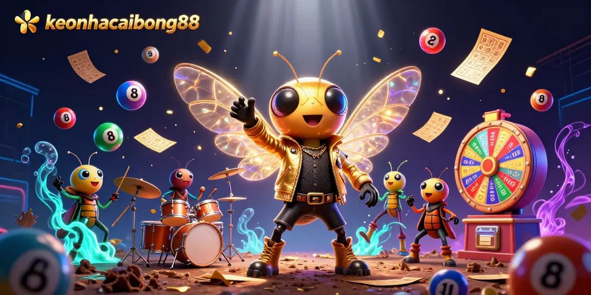 Engage your luck with keonhacaibong88 as vibrant lottery balls and a musical rock star create an electrifying casino atmosphere.