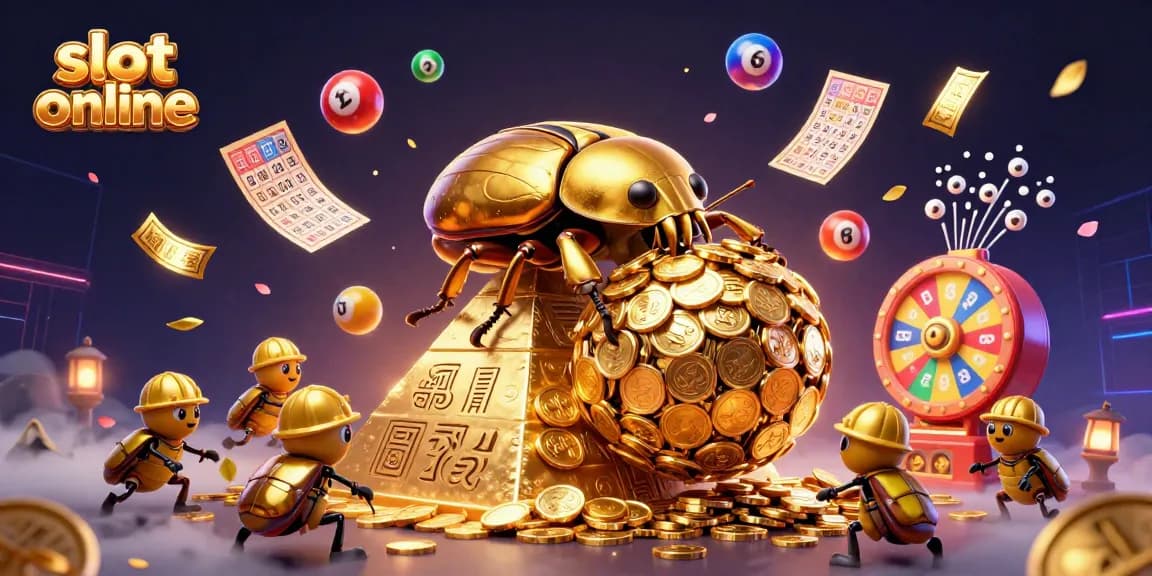 Slot online yang menampilkan kumbang emas raksasa membawa koin emas sambil dikelilingi elemen kasino
