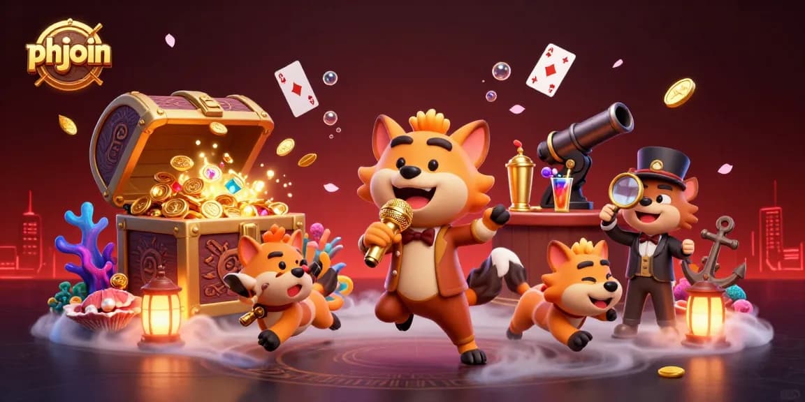 Experience the fun at phjoin with cartoon hyenas in a bustling casino scene filled with vibrant gaming elements.