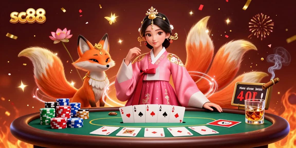 Experience exhilarating poker action at SC88 with a graceful Asian woman, lucky fox, and vibrant game elements.