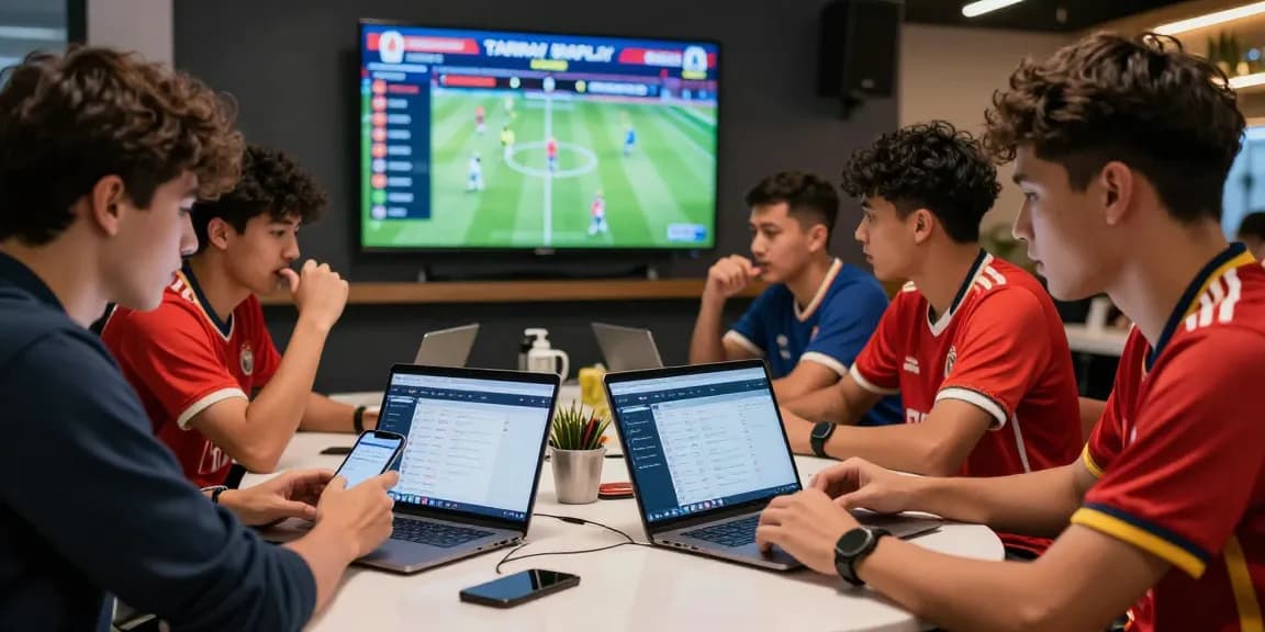 Engaged bettors using Taruhan Mix Parlay Bola88 to explore multi-leg betting options in a lively sports lounge.