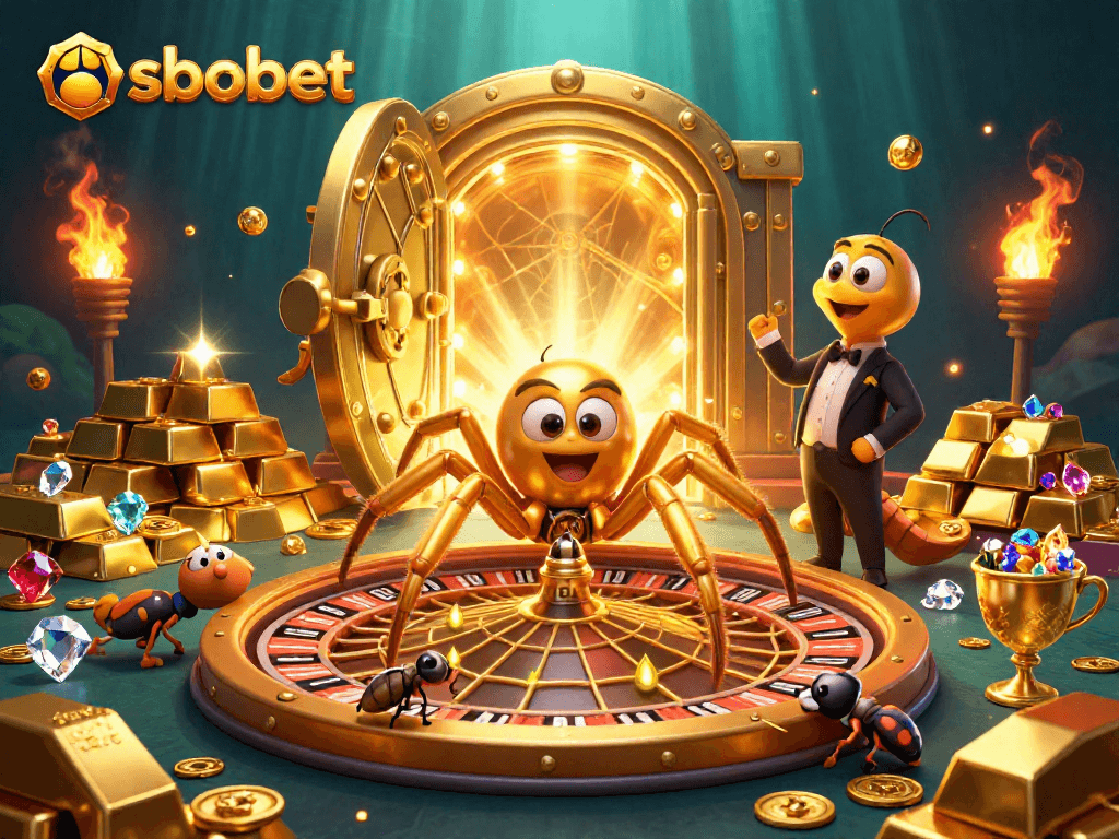 Engage with sbobet's thrilling betting experience featuring a golden spider and croupier in action.