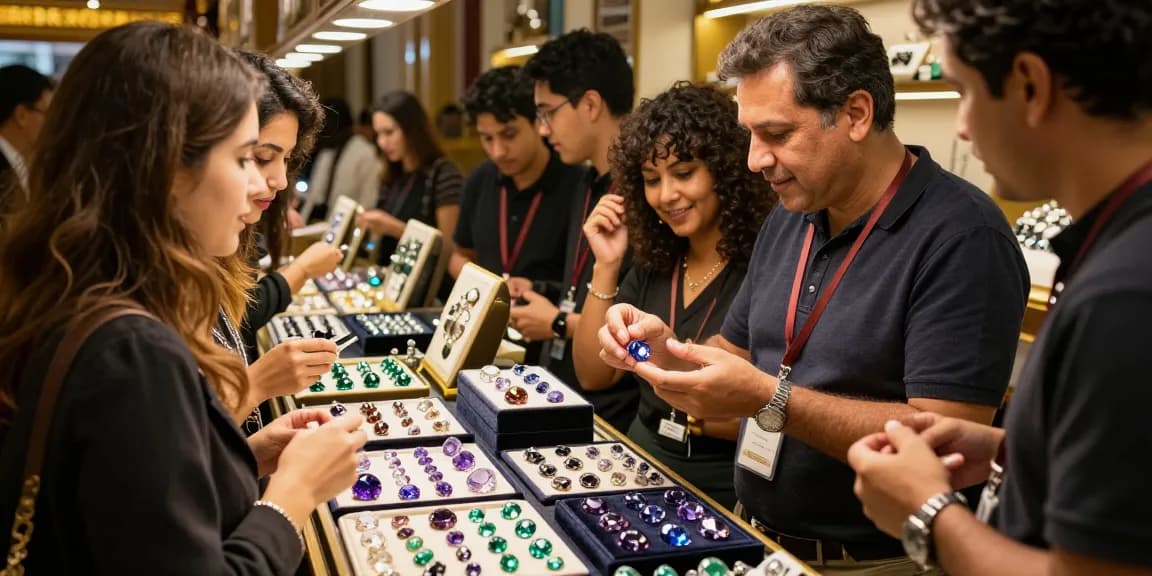 Discover premium gemstones at https://www.mygemspot.com in an inviting market scene with expert merchants.