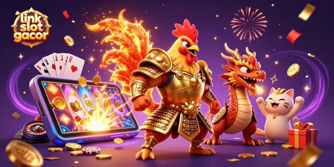 Engage with link slot gacor through this vibrant, dynamic casino-themed 3D illustration featuring action-packed characters and elements.