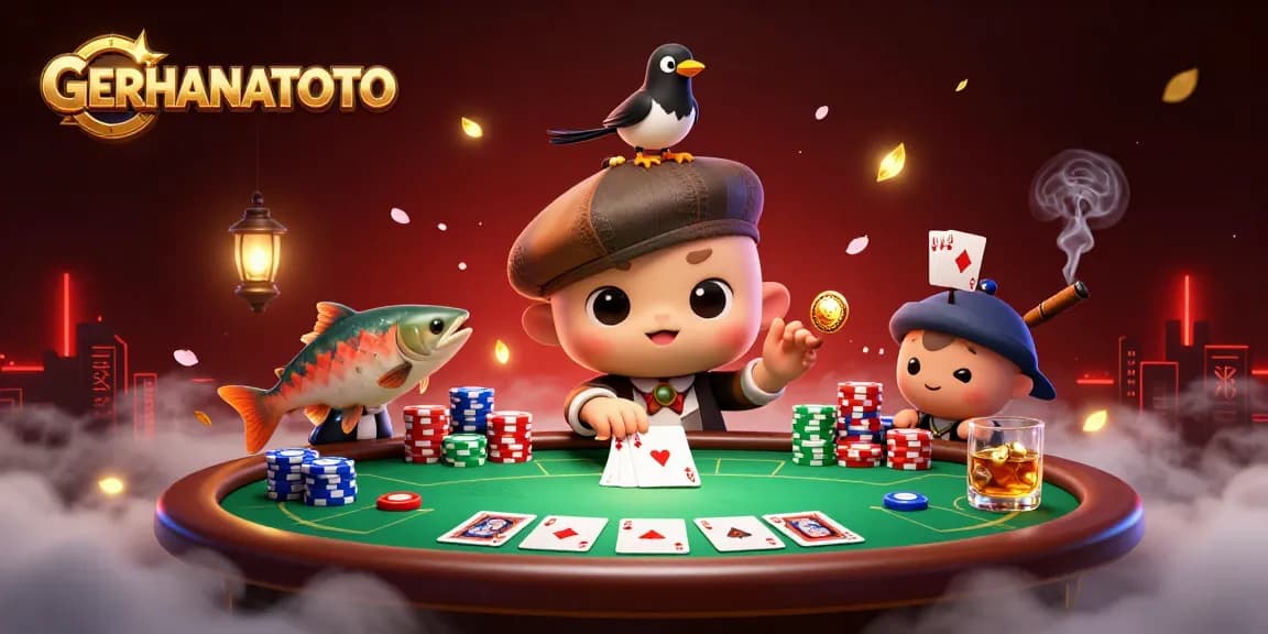 Menangkan hadiah di GERHANATOTO sambil bermain kartu poker dalam ilustrasi 3D yang penuh warna dan detail.
