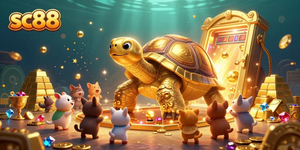 Engaging sc88 gaming experience with whimsical characters in a vibrant treasure-filled casino scene