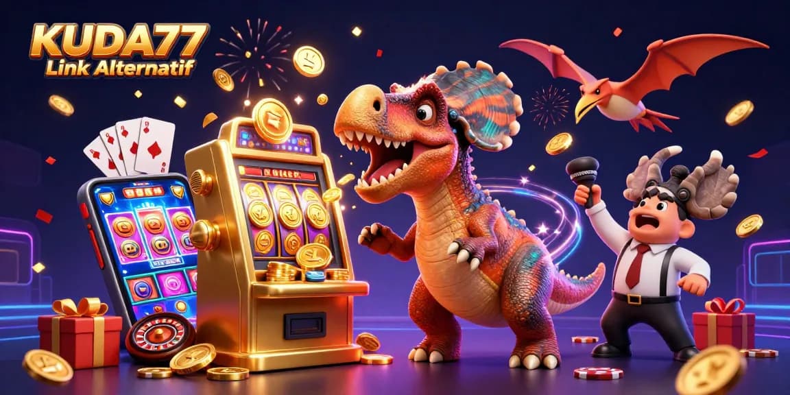 KUDA77 Link Alternatif merayakan jackpot dengan dinosaurus 3D dan mesin slot berkilau.